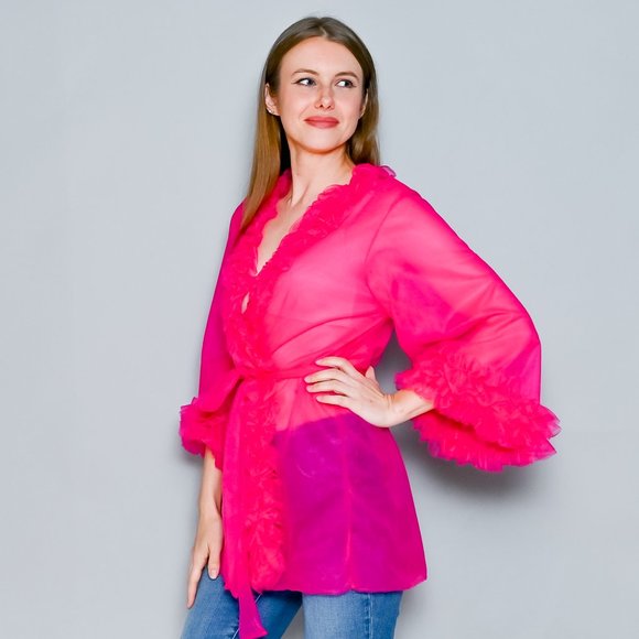 AMANDA UPRICHARD Pink Sheer Mesh Ruffle Robe - Picture 6 of 7